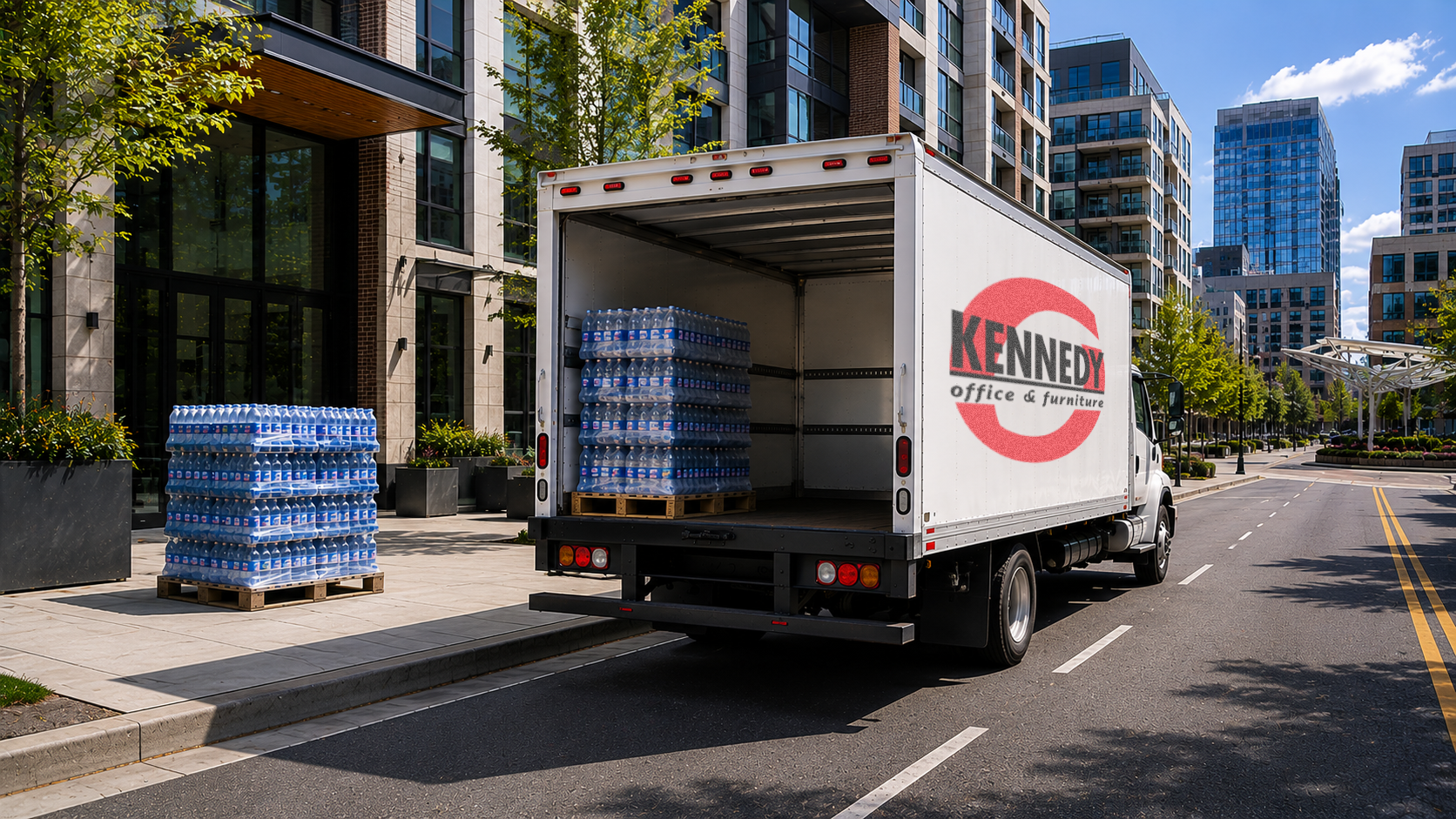 Kennedy Office water delivery truck with Crystal Geyser cases for break room service